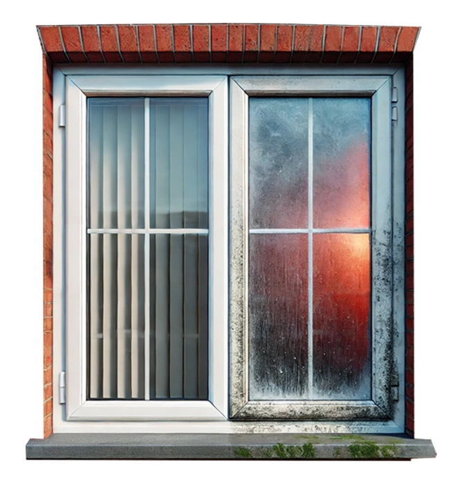 A close up of a UPVC window, half clean and half dirty